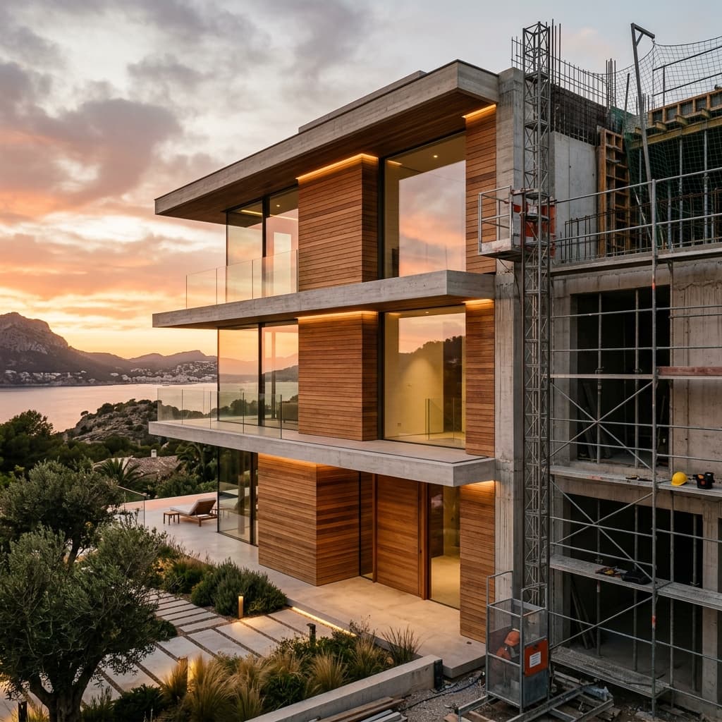 High-contrast modern concrete villa facade